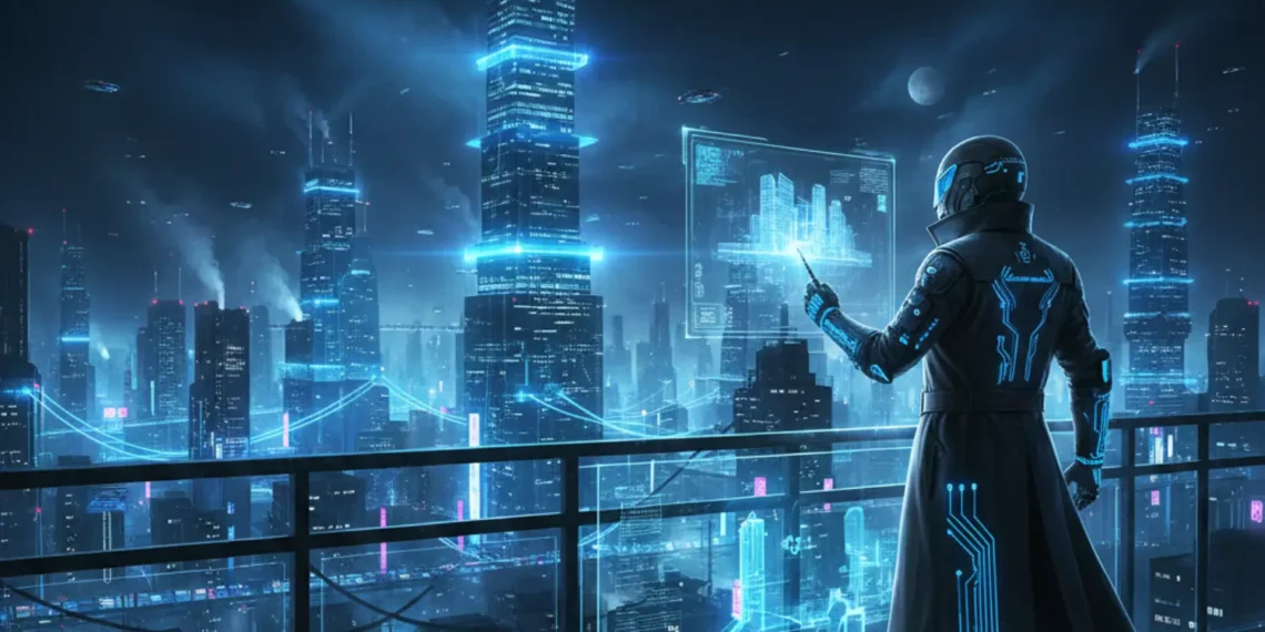 Futuristic digital architect overlooking a glowing blue cyber-city representing Agentic AI Architecture.