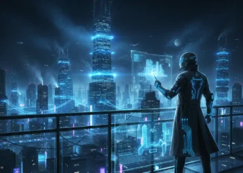 Futuristic digital architect overlooking a glowing blue cyber-city representing Agentic AI Architecture.