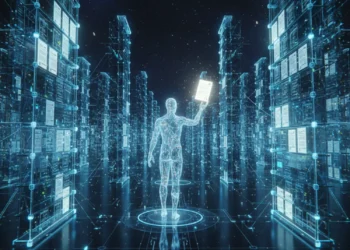 AI agent with infinite memory accessing a vast vector database for AI agents — representing perfect recall through RAG architecture and embedding storage