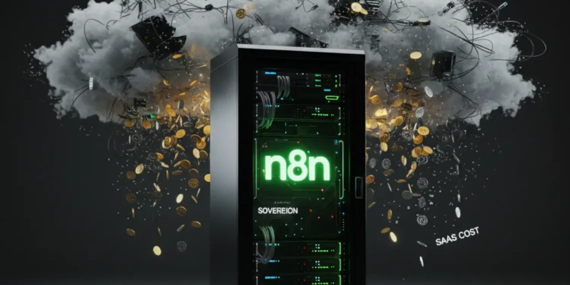 Abstract visualization for a self hosted n8n guide, showing a secure private server fortress breaking free from a cloud-based metered billing chain.