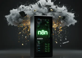 Abstract visualization for a self hosted n8n guide, showing a secure private server fortress breaking free from a cloud-based metered billing chain.