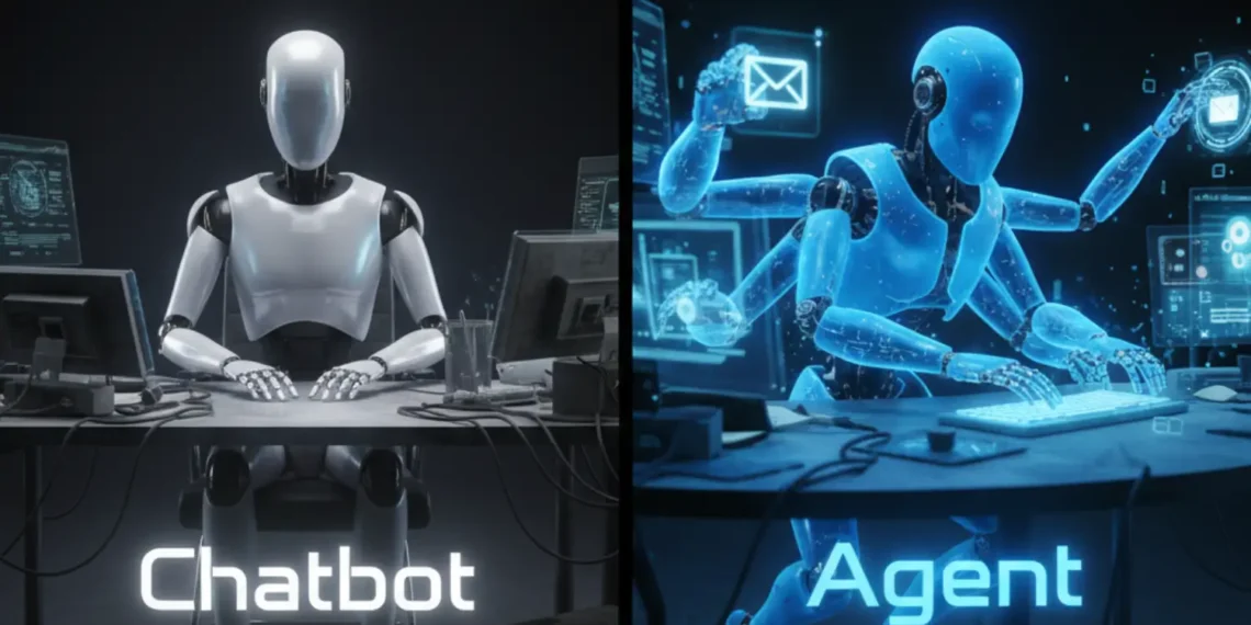 A split screen comparison showing a passive chatbot interface versus dynamic autonomous agents executing tasks in real-time.