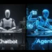 A split screen comparison showing a passive chatbot interface versus dynamic autonomous agents executing tasks in real-time.