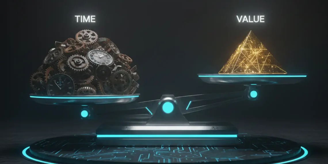 Conceptual illustration of AI agency pricing, contrasting a pile of hourly clock gears (low value) with a single glowing golden diamond (high value).