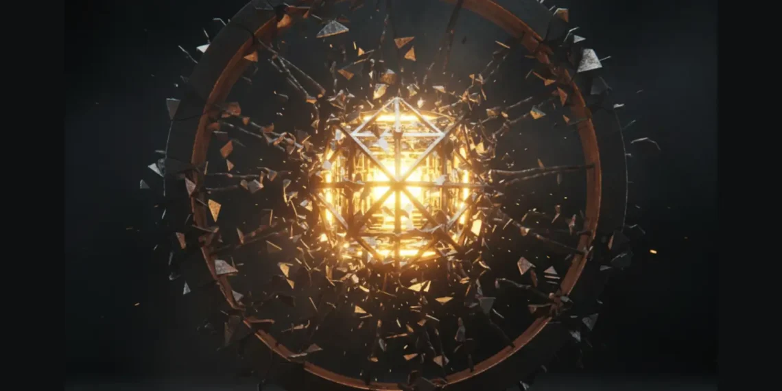 Abstract visualization of AI content repurposing, showing a golden gear breaking a grey hamster wheel, symbolizing the shift from manual labor to automated distribution.