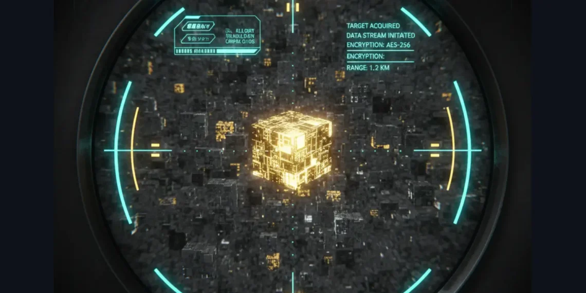 A futuristic sniper scope interface focusing on a single high-value lead, representing the efficiency of an AI Sales Agent compared to generic spam.