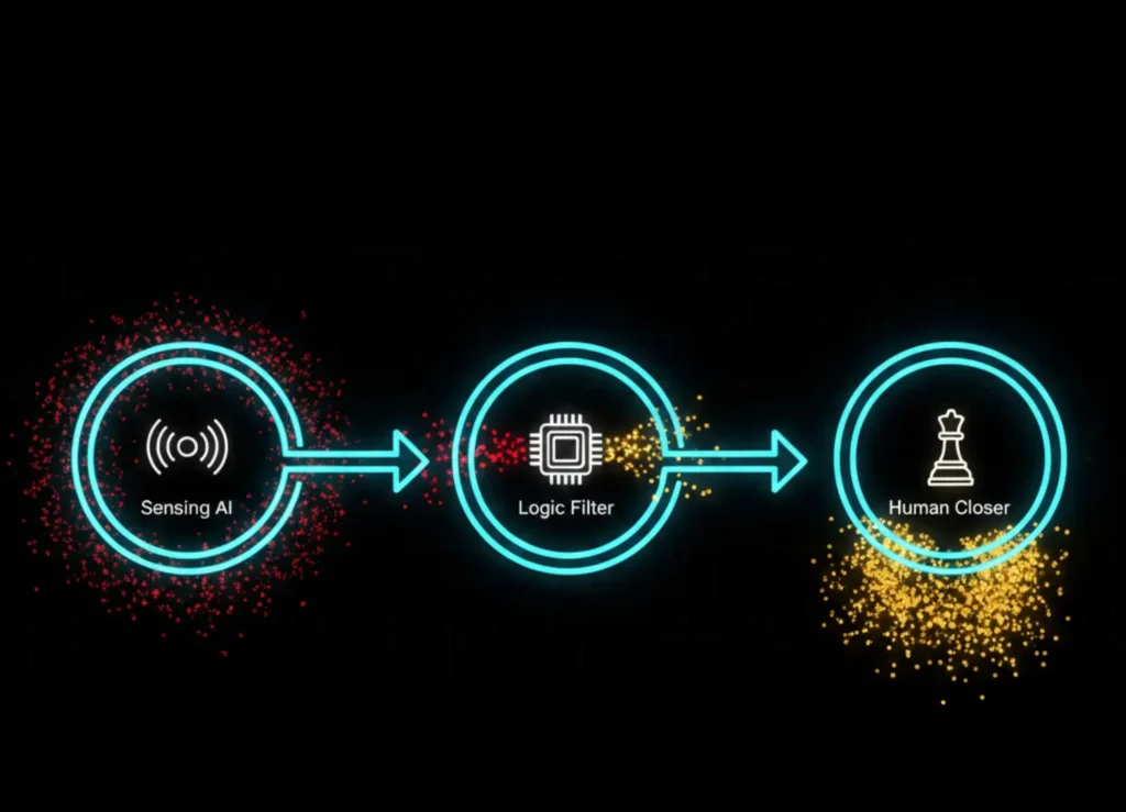 A workflow diagram showing the AI sales force architecture filtering leads from Sensing to Filtering to Closing.