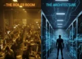 A split screen comparing a chaotic stock market floor with a calm, high-tech server room managing sales data.