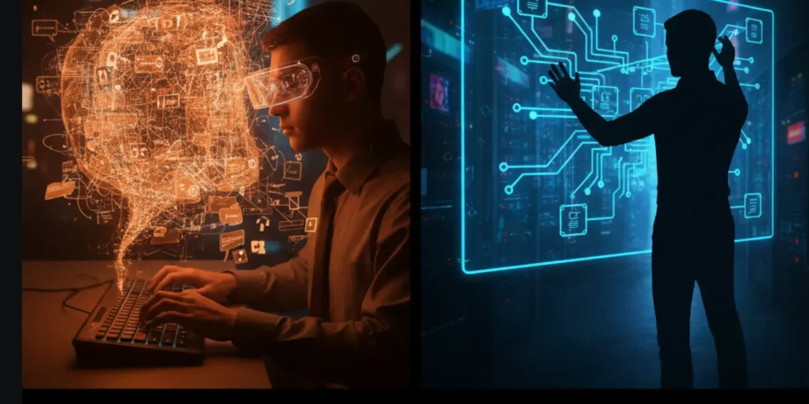 A split-screen comparison showing a Prompt Engineer relying on chaotic chat text versus an AI Workflow Architect building a structured, node-based automation logic graph.