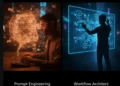 A split-screen comparison showing a Prompt Engineer relying on chaotic chat text versus an AI Workflow Architect building a structured, node-based automation logic graph.