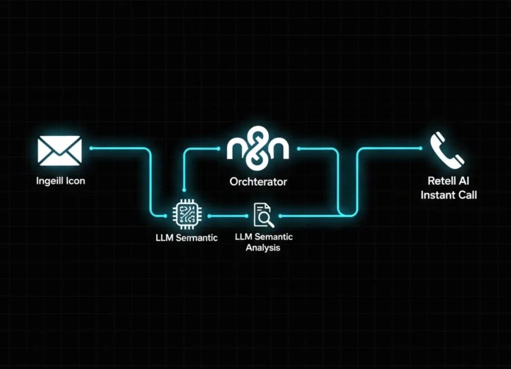 A technical diagram showing the Automated Candidate Screening architecture using n8n, LLMs, Clay, and Retell AI for instant interviews