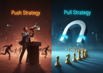A 3D illustration contrasting a recruiter using a megaphone (manual) versus a magnetic funnel attracting agents (automated).