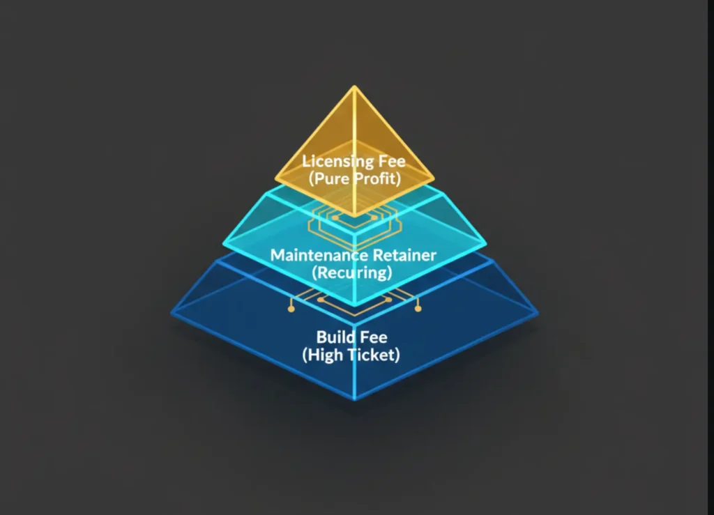 A 3-tier pyramid showing Build Fees, Maintenance Retainers, and Licensing Fees.