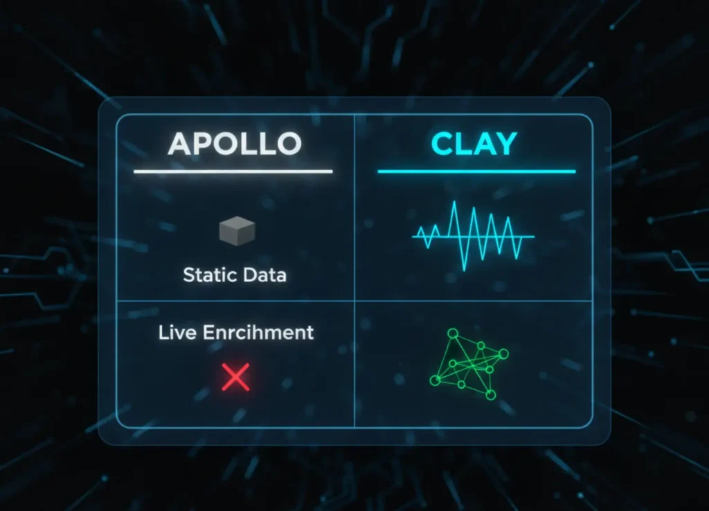 Comparison infographic showing Clay vs Apollo features: Apollo is best for static database volume, Clay is best for waterfall enrichment and AI personalization.