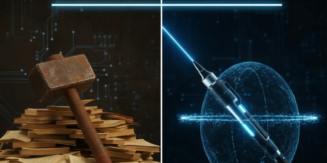 Abstract visualization of the Clay vs Apollo debate: a heavy, blunt hammer Apollo versus a precise, laser-guided scalpel Clay on a dark tech background.