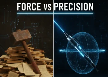 Abstract visualization of the Clay vs Apollo debate: a heavy, blunt hammer Apollo versus a precise, laser-guided scalpel Clay on a dark tech background.