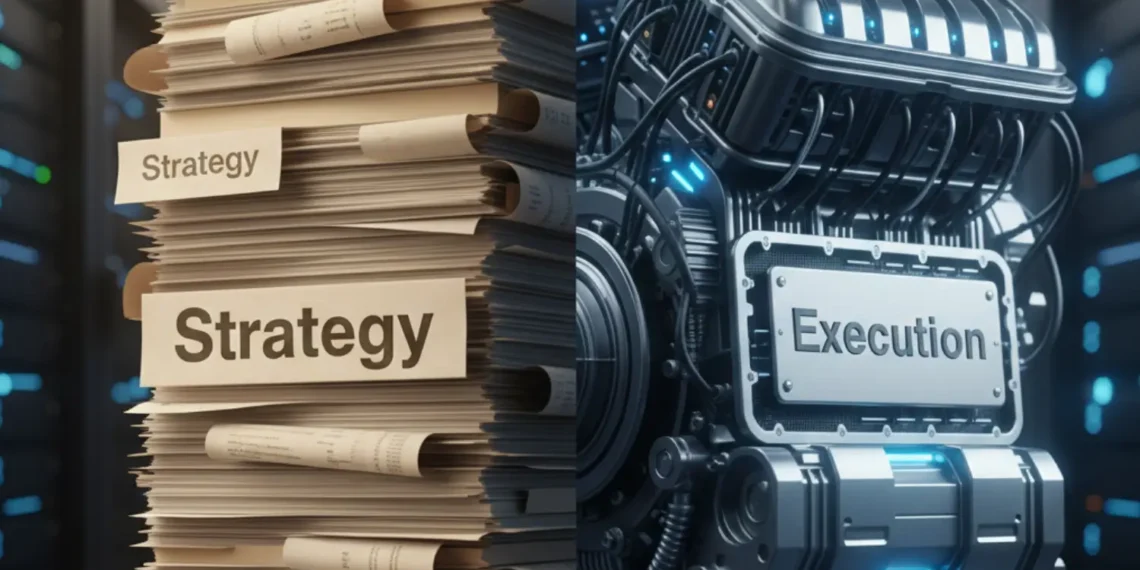 A conceptual comparison: Traditional Consulting represented as a stack of paper reports versus Automation Engineering represented as a running, code-based engine.