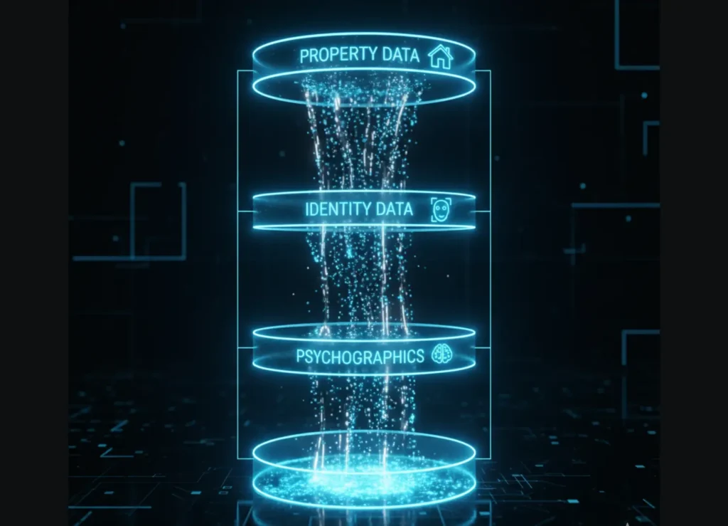 A layered diagram showing the flow of real estate data enrichment from Property to Identity to Psychographics.
