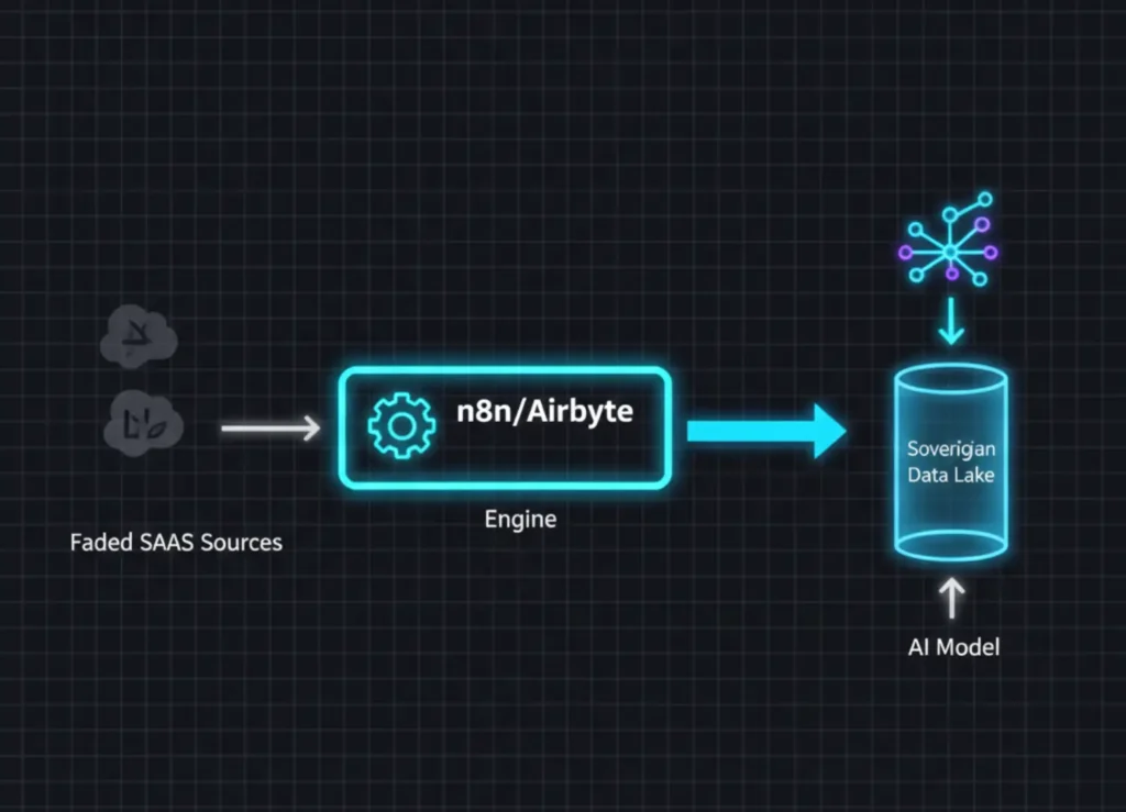 Technical diagram showing data extraction from SaaS via Airbyte/n8n into a self-hosted PostgreSQL database for AI analysis.