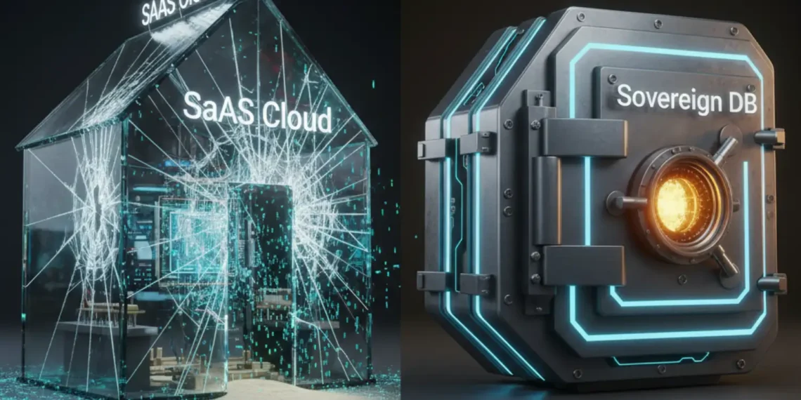 A split-screen comparison: A fragile farm on rented land representing SaaS dependency versus a fortified steel vault representing Sovereign Data Ownership.