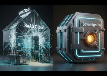 A split-screen comparison: A fragile farm on rented land representing SaaS dependency versus a fortified steel vault representing Sovereign Data Ownership.