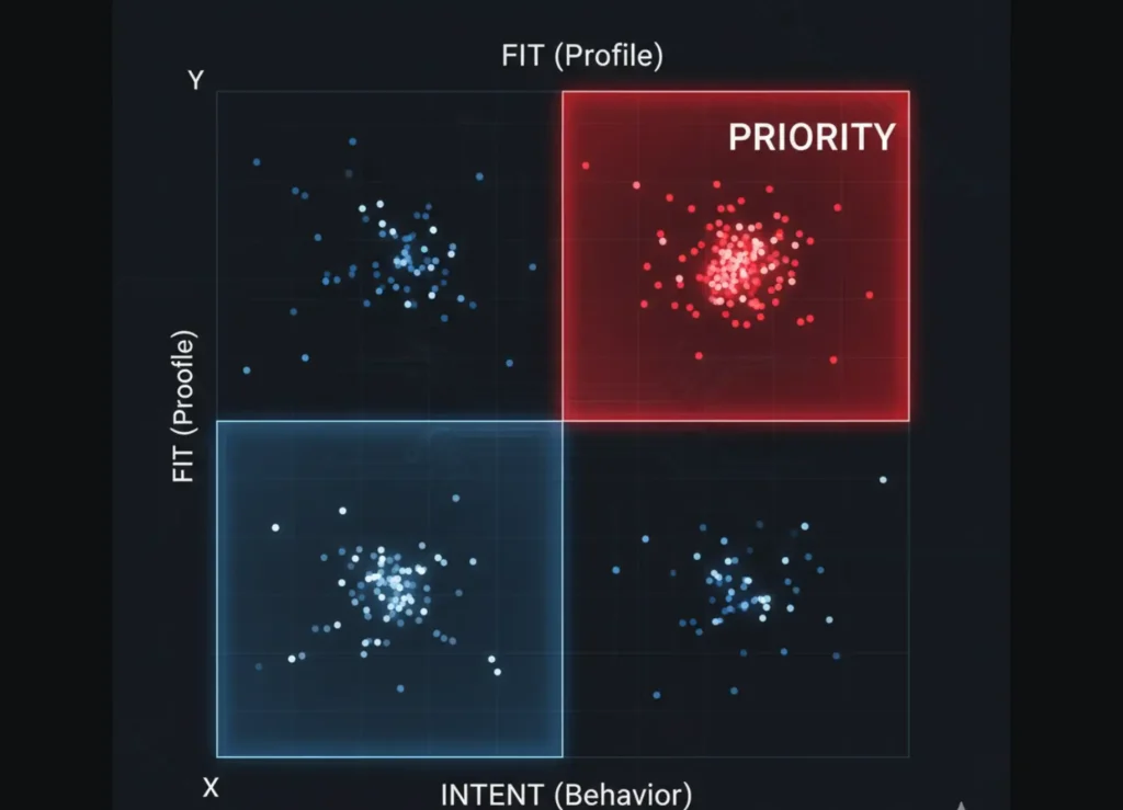A scatter plot matrix diagram used in real estate lead scoring models comparing Fit on the Y-axis and Intent on the X-axis.