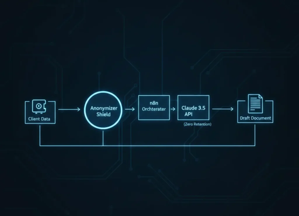 A technical diagram of a Legal Document Drafting AI workflow showing encryption shields and zero-retention layers.