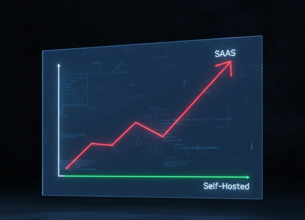 A cost comparison graph for the self hosted n8n guide showing Make.com costs skyrocketing linearly while n8n costs remain flat and stable as tasks increase.