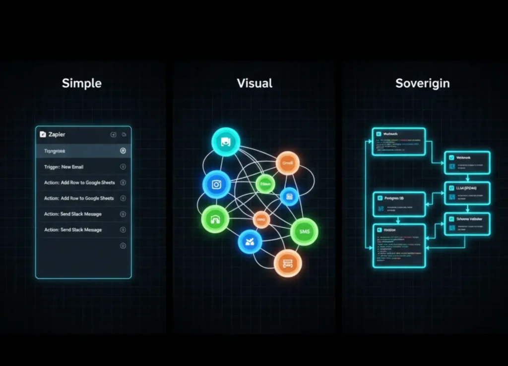 A UI comparison of the workflow builders for Zapier, Make, and n8n showing linear vs nodal logic.