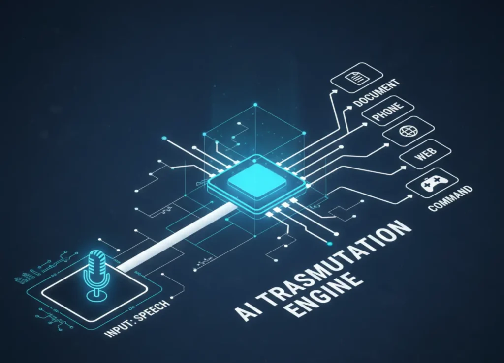 Architectural blueprint of the AI Content Repurposing workflow: Voice Note input flows into AI processing and splits into LinkedIn, Twitter, and Newsletter outputs.