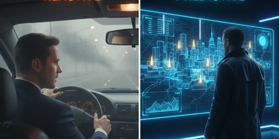 A split screen conceptual illustration showing a real estate agent looking in a rearview mirror versus one looking at a holographic predictive map.