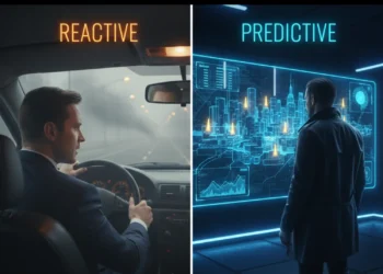A split screen conceptual illustration showing a real estate agent looking in a rearview mirror versus one looking at a holographic predictive map.