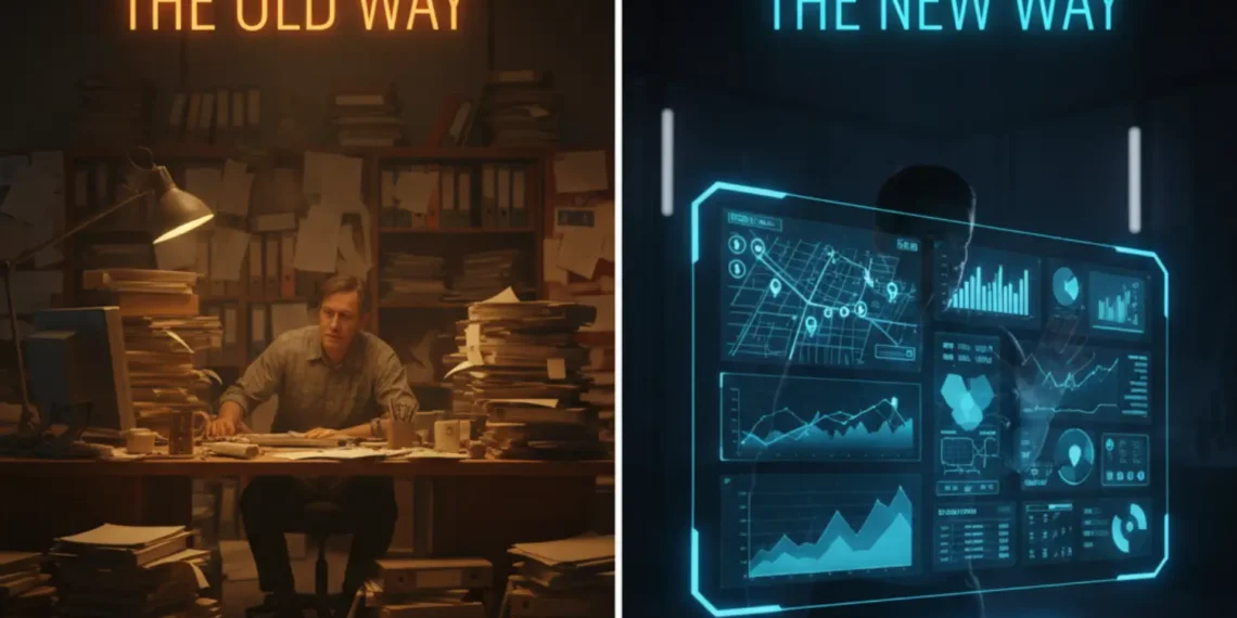 A split screen comparison showing a chaotic manual office versus a sleek automated dashboard running a real estate brokerage.