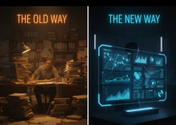 A split screen comparison showing a chaotic manual office versus a sleek automated dashboard running a real estate brokerage.