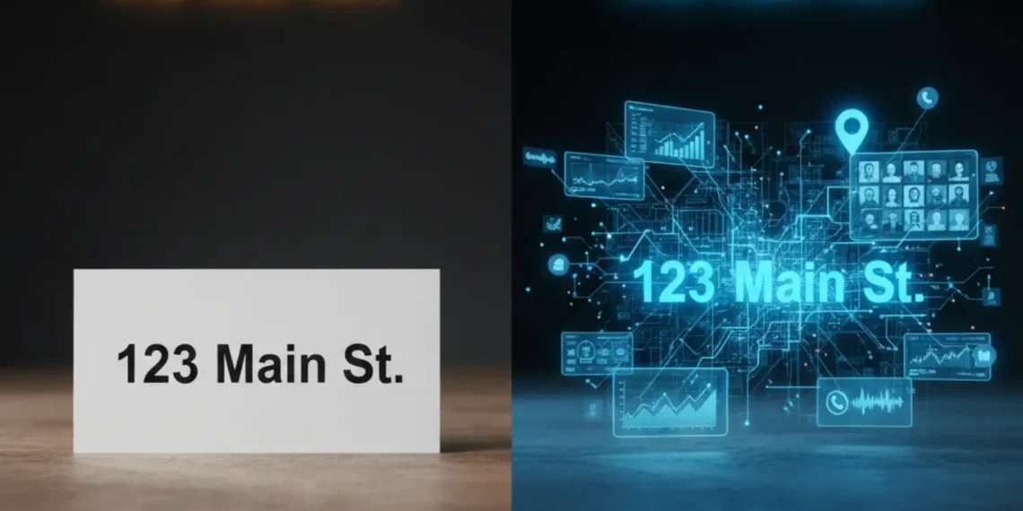 A split screen comparison showing a basic address-only record versus a fully enriched profile with social, financial, and contact data.