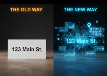 A split screen comparison showing a basic address-only record versus a fully enriched profile with social, financial, and contact data.