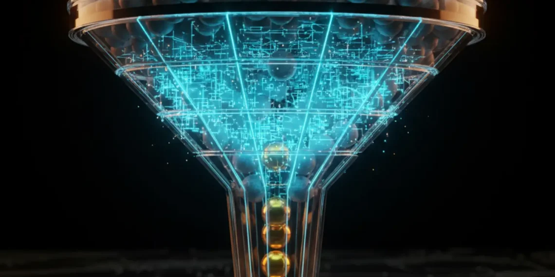 A conceptual illustration showing a funnel filtering thousands of grey leads into a few glowing gold leads using an algorithm.