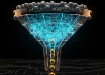 A conceptual illustration showing a funnel filtering thousands of grey leads into a few glowing gold leads using an algorithm.