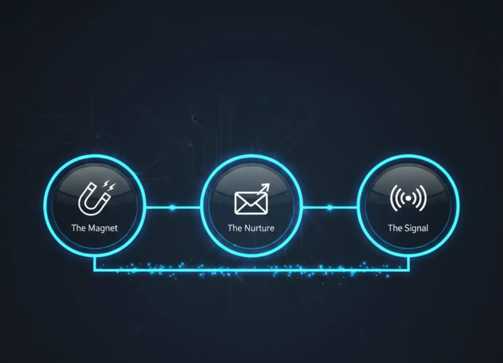A diagram of the automated real estate recruiting pipeline showing the Magnet, Nurture, and Signal stages.