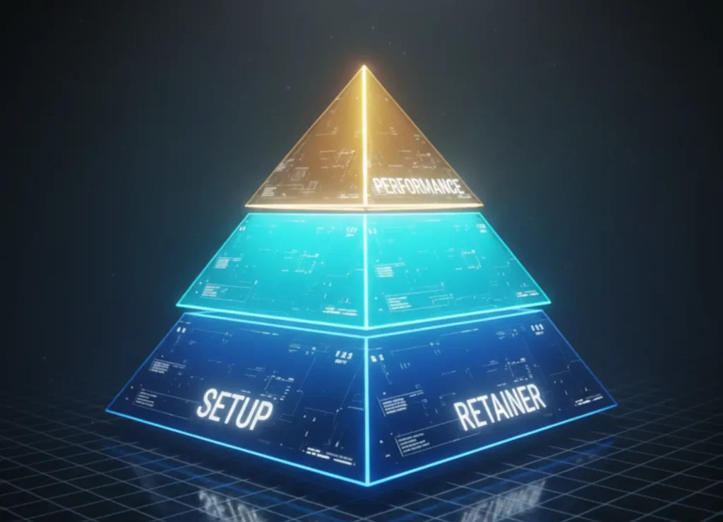 A pyramid diagram illustrating the AI Agency Pricing Revenue Triangle: Setup Fee at the base, Retainer in the middle, and Performance Bonus at the top.