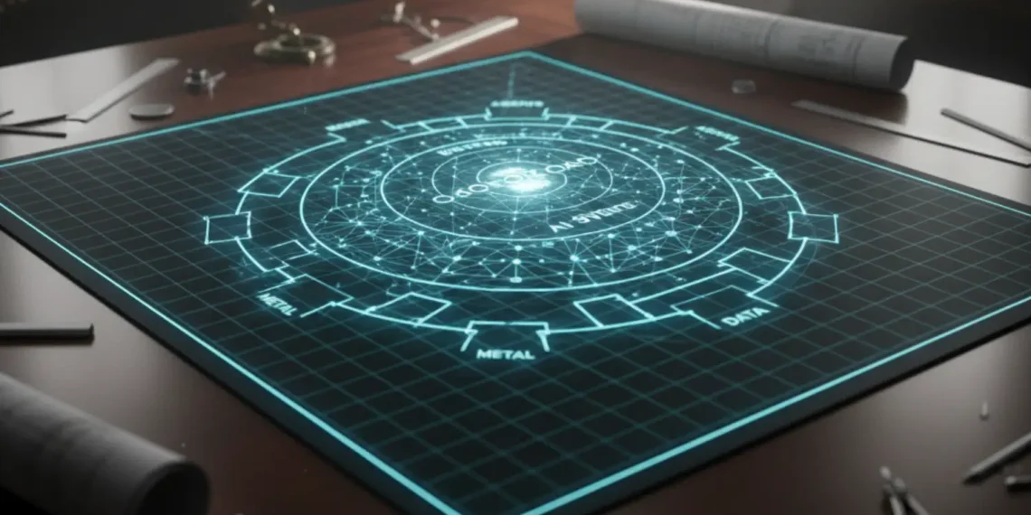 A complex blue-print schematic of Sovereign AI Architecture, showing the transition from fragmented SaaS apps to a unified, self-hosted infrastructure.