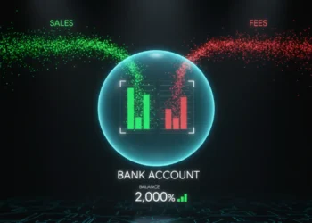 A futuristic holographic financial dashboard showing a "Live P&L" powered by Stripe to Xero automation, contrasting with a pile of manual receipts.
