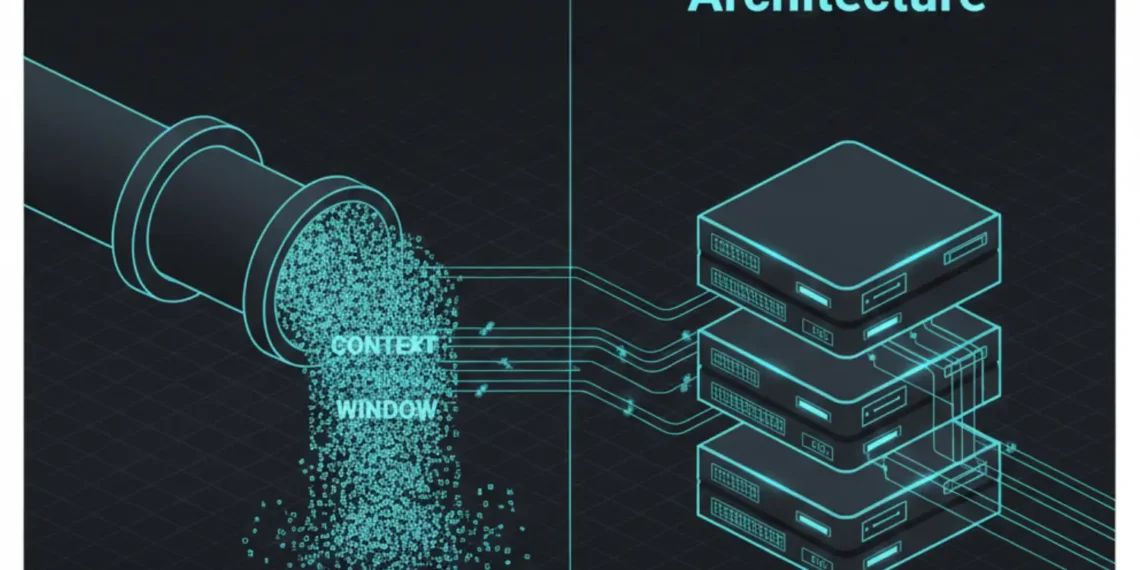 A split-screen schematic comparing a linear context window bottleneck against a decentralized vector memory architecture for agentic AI.