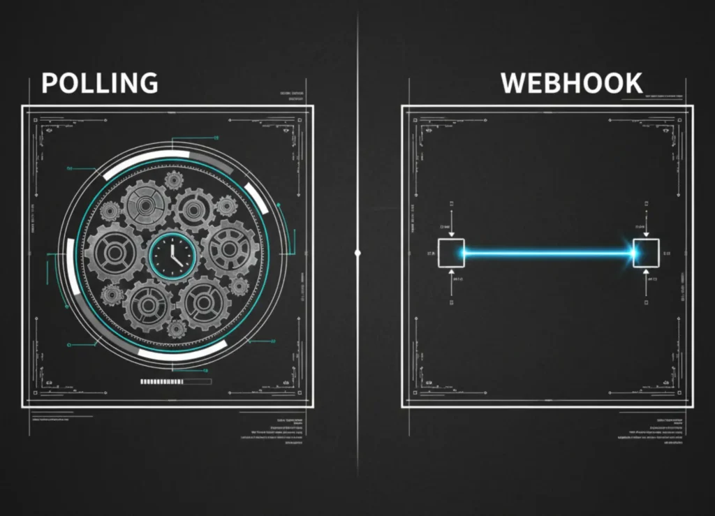 Technical comparison chart answering what is a webhook: showing Polling as a circular clock loop and Webhook as a direct instant arrow.