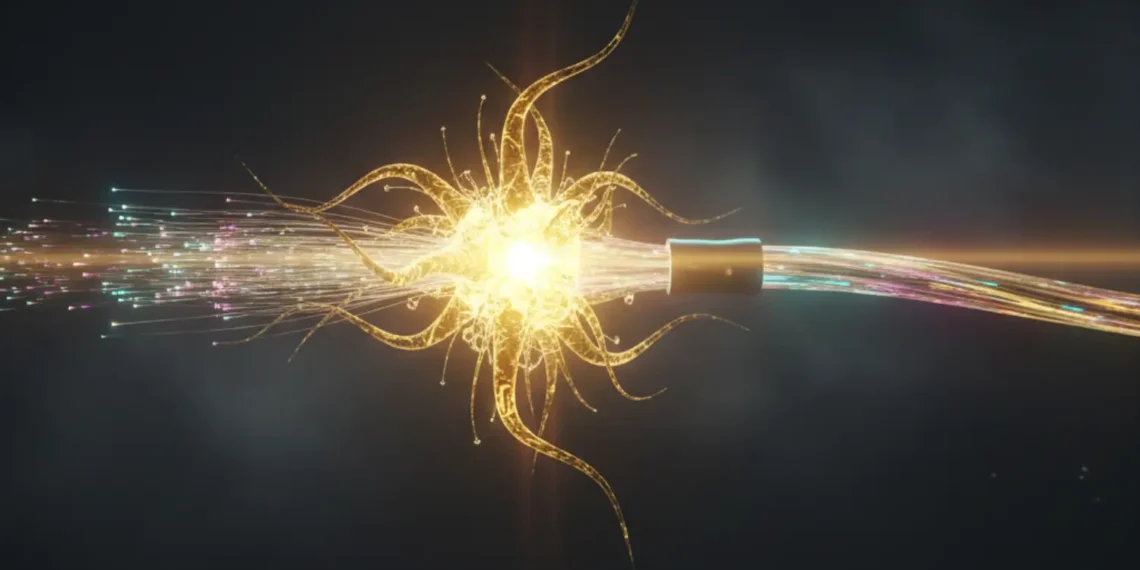 A 3D illustration representing what is a webhook, showing a digital nervous system transmitting a signal instantly versus a slow polling loop.