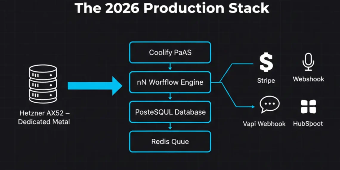 n8n self-hosted tutorial 2026 showing Coolify stack architecture with Postgres Redis and Traefik on Hetzner dedicated server