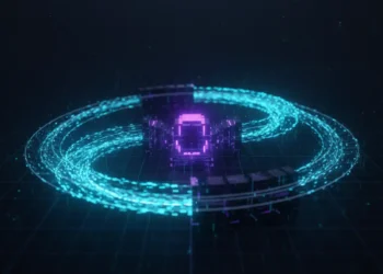 A glowing, infinite digital loop representing an n8n recursive workflow, processing data blocks in a cycle against a dark server background.