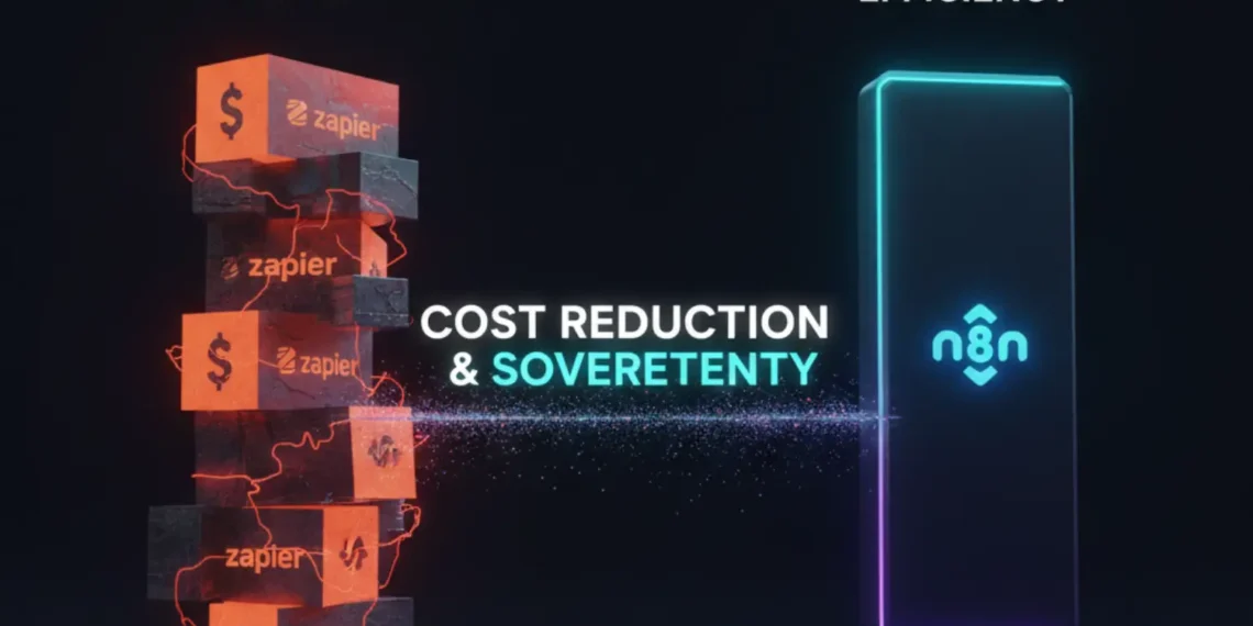 A futuristic digital scale balancing a heavy stack of gold coins against a sleek, glowing cyan server blade, representing the cost efficiency of self-hosted infrastructure.