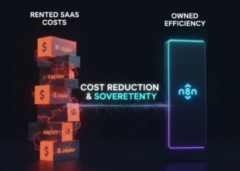 A futuristic digital scale balancing a heavy stack of gold coins against a sleek, glowing cyan server blade, representing the cost efficiency of self-hosted infrastructure.