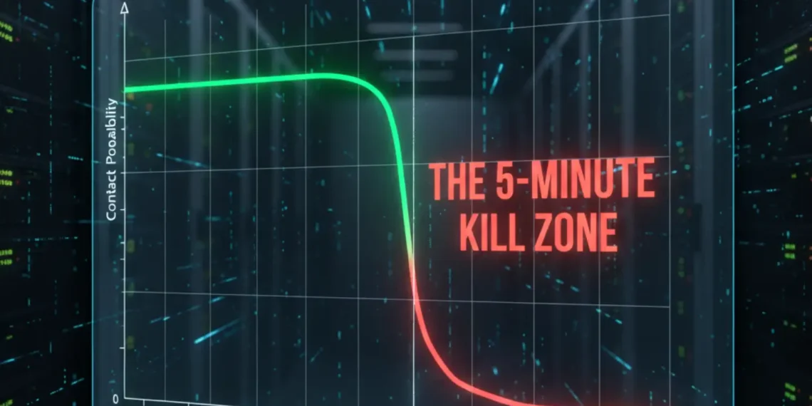 A graph showing lead conversion rates dropping by 900% after 5 minutes without AI intervention.